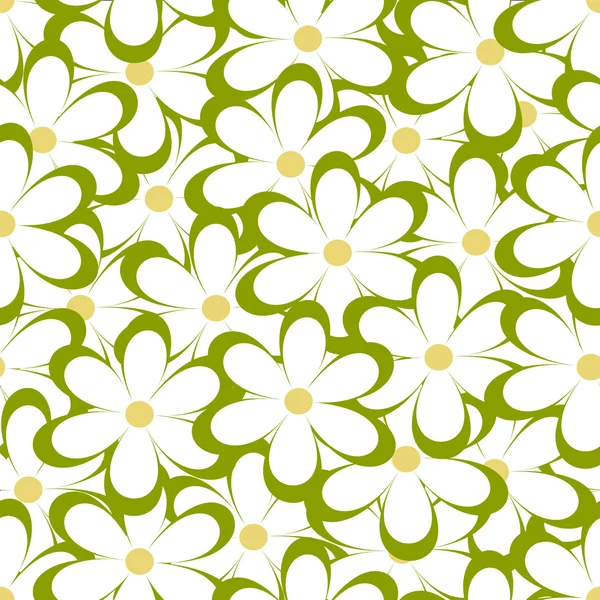 Patrón sin costuras. Ilustración vectorial con flores. Estampado floral vintage. Campo de lindas margaritas. Diseño textil con manzanillas verdes sobre fondo blanco. Plantilla de primavera o verano. Textura superficial . — Archivo Imágenes Vectoriales