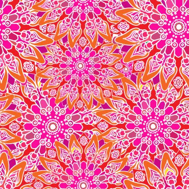 Dikişsiz renkli desen. Oryantal tarzda. Kumaş veya duvar kağıdı doku. Etnik Mandala formları. Islam, Arapça, Hint motifleri. Soyut kabile vektör. Çiçek arka plan. Yaratıcı öğeleri. Parlak pembe.