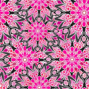 Dikişsiz renkli desen. Oryantal tarzda. Kumaş veya duvar kağıdı doku. Etnik Mandala formları. Islam, Arapça, Hint motifleri. Soyut kabile vektör. Çiçek arka plan. Yaratıcı öğeleri. Parlak pembe.