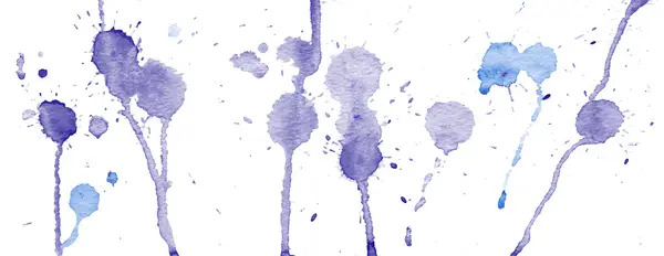 Acquerello viola e blu spruzzi e macchie su sfondo bianco. Pittura ad inchiostro. Illustrazione disegnata a mano. Arte astratta acquerello . — Vettoriale Stock