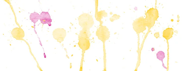 Gelbe und violette Aquarellspritzer und Flecken auf weißem Hintergrund. Tuschmalerei. handgezeichnete Illustration. abstrakte Aquarelle. — Stockvektor