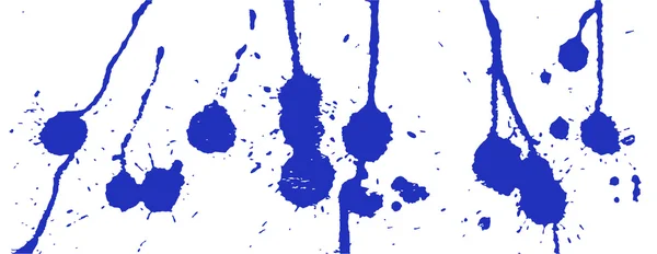 Blauwe inkt splash, vlekken, beroertes en blots op wit. Verf Splatter achtergrond. Blauwe en witte vector illustratie. Abstracte grunge sjabloon. — Stockvector