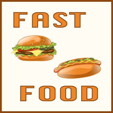 Menü Kartı, poster, broşür, web, mobil uygulama için fast food seti. Hafif arka planda izole fast food yemek ile renkli karikatür simgeleri. Hamburger ve sosisli banner. Vektör İllüstrasyonu.