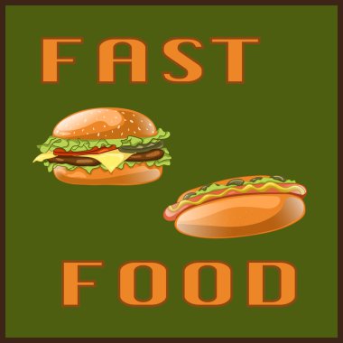 Menü Kartı, poster, broşür, web, mobil uygulama için fast food seti. Yeşil arka plan üzerinde izole fast food yemek ile renkli karikatür simgeleri. Hamburger ve sosisli banner. Vektör İllüstrasyonu.
