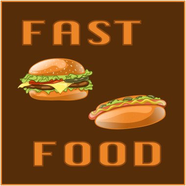 Menü Kartı, poster, broşür, web, mobil uygulama için fast food seti. Kahverengi arka plan üzerinde izole fast food yemek ile renkli karikatür simgeleri. Hamburger ve sosisli banner. Vektör İllüstrasyonu.