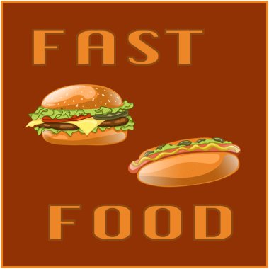Menü Kartı, poster, broşür, web, mobil uygulama için fast food seti. Kahverengi arka plan üzerinde izole fast food yemek ile renkli karikatür simgeleri. Hamburger ve sosisli banner. Vektör İllüstrasyonu.