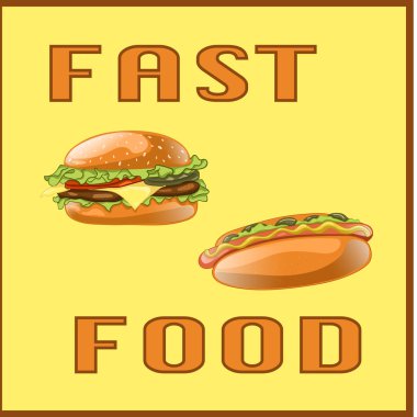 Menü Kartı, poster, broşür, web, mobil uygulama için fast food seti. Sarı arka planda izole fast food yemek ile renkli karikatür simgeleri. Hamburger ve sosisli banner. Vektör İllüstrasyonu