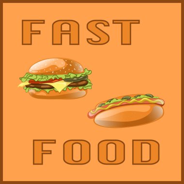 Menü Kartı, poster, broşür, web, mobil uygulama için fast food seti. Turuncu arka planda izole fast food yemek ile renkli karikatür simgeleri. Hamburger ve sosisli banner. Vektör İllüstrasyonu