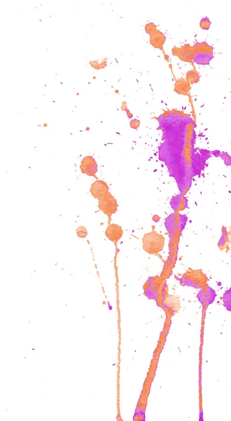 Bright orange and pink purple watercolor splashes and blots on white background. Ink painting. Hand drawn illustration. Abstract watercolor artwork. — Stock Vector