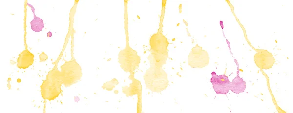 Spruzzi di acquerello giallo e viola e macchie su sfondo bianco. Pittura ad inchiostro. Illustrazione disegnata a mano. Arte astratta acquerello . — Vettoriale Stock