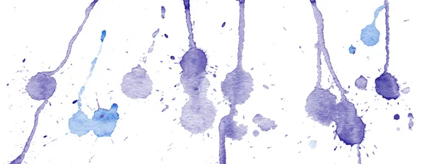 Acquerello viola e blu spruzzi e macchie su sfondo bianco. Pittura ad inchiostro. Illustrazione disegnata a mano. Arte astratta acquerello . — Vettoriale Stock