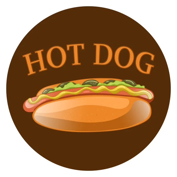 Hot Dog Cartoon Illustration (em inglês). Fast food americano clássico - linguiça com mostarda em um pão. Sanduíche de cachorro quente. Ícone de vetor isolado de cachorro-quente para cartaz, menus, brochura, web e aplicativo móvel . —  Vetores de Stock
