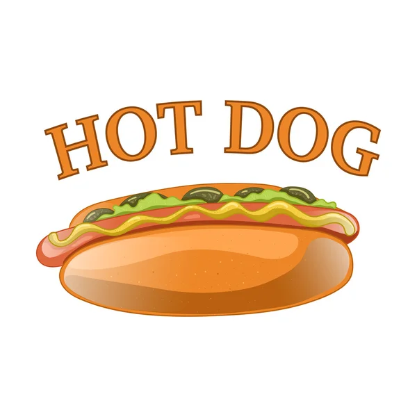 Hot Dog καρτούν εικονογράφηση. Κλασική Αμερικανική Φαστ φουντ - λουκάνικο με μουστάρδα σε ένα κουλούρι. Χοτ-ντογκ σάντουιτς. Διάνυσμα μεμονωμένο εικονίδιο του hot-dog για αφίσα, μενού, φυλλάδιο, web και κινητών εφαρμογών. — Διανυσματικό Αρχείο