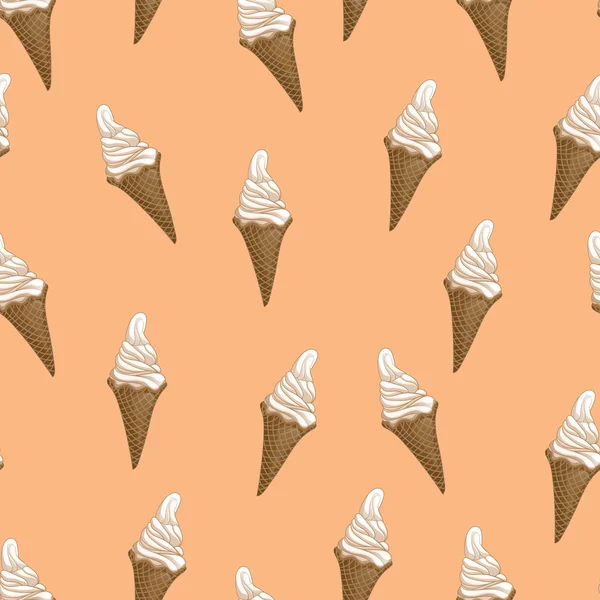 Ijs wafel kegels naadloze patroon. Gestileerde vectorillustratie. Kleurrijke smeltend ijs. Zoete dessert op zachte oranje achtergrond. Vectorillustratie. — Stockvector