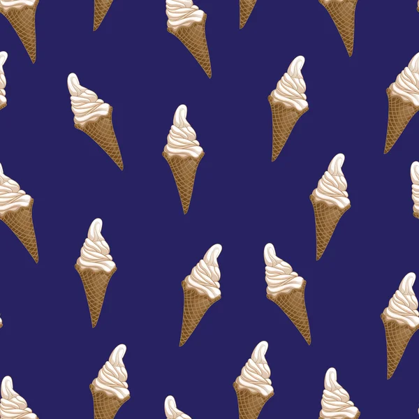 Vafle zmrzlina šišky vzor bezešvé. Stylizované vektorové ilustrace. Barevné tání zmrzliny. Sladký dezert na tmavě modrém pozadí. Vektorové ilustrace. — Stockový vektor