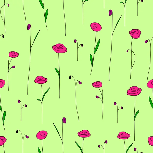 与可爱鲜艳的粉红色花朵的无缝模式。与程式化的涂鸦玫瑰的绿色背景。优雅时尚打印模板。矢量图。复古花卉背景夏天或弹簧的设计 — 图库矢量图片