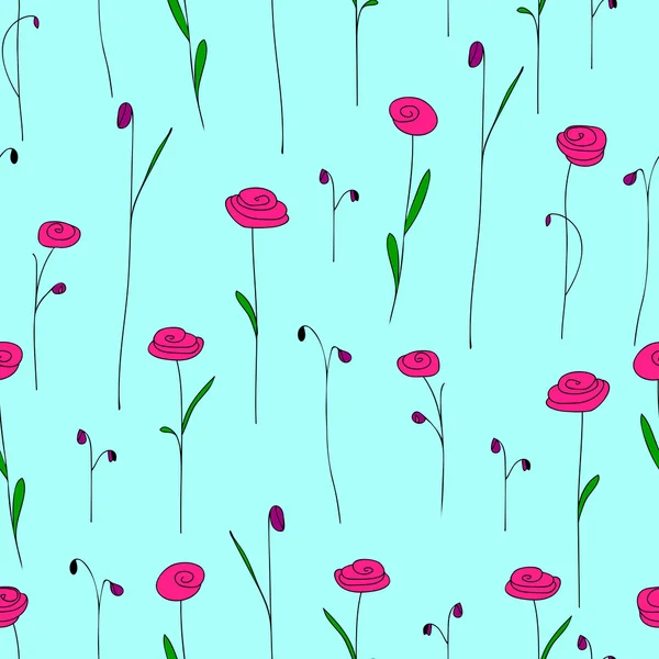 Nahtloses Muster mit leuchtend rosa Blüten. blauer Hintergrund mit stilisierten Doodle-Rosen. elegante Vorlage für Modedrucke. Vektor illustration.cute Vintage floralen Hintergrund für Sommer oder Frühling Design — Stockvektor