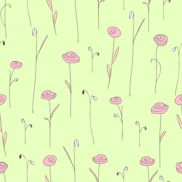 Nahtloses Muster mit rosa Blüten. gelb-grüner Hintergrund mit stilisierten Doodle-Rosen. elegante Vorlage für Mode prints.vector illustration.cute Vintage floralen Hintergrund für Sommer oder Frühling Design — Stockvektor