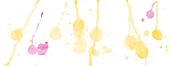 Yellow and purple watercolor splashes and blots on white background. Ink painting. Hand drawn illustration. Abstract watercolor artwork.
