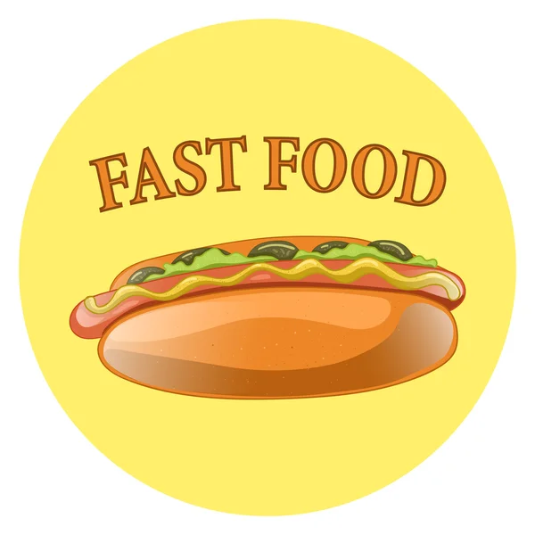Hot Dog Cartoon Illustration. klassisches amerikanisches Fast Food - Wurst mit Senf im Brötchen. Hotdog-Sandwich. Vektor-Icon des Hot-Dogs für Poster, Menüs, Broschüren, Web und mobile Anwendung. — Stockvektor