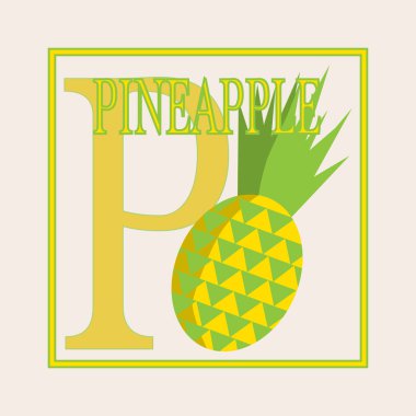 P - ananas, alfabe. İngilizce büyük harf P. vektör düz çizim ananas. Eğitim kartı. Flashcard harf P.