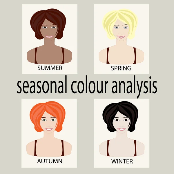 Zestaw do analizy sezonowe barwy. Cztery głowice kobiet z różnych kolorów włosów, skóry i oczu. — Wektor stockowy