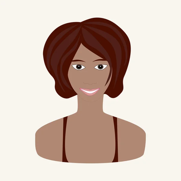 Ilustración vectorial de niña con pelo castaño, ojos marrones avellana y piel bronceada. Rostro de mujer joven. Color estacional de verano . — Archivo Imágenes Vectoriales