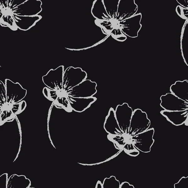 Vintage patrón sin costura vector con flores dibujadas a mano. Flores blancas sobre fondo negro . — Vector de stock