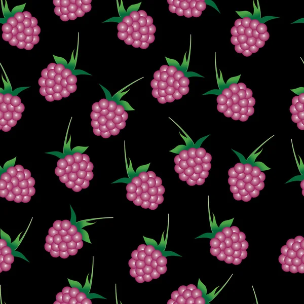 Modèle vectoriel sans couture avec des framboises rose vif sur le fond noir foncé — Image vectorielle