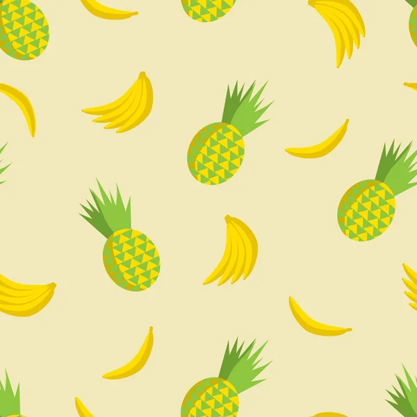 Padrão sem costura de verão vetorial com abacaxis e bananas no fundo amarelo macio. Ilustração plana de frutos trópicos . —  Vetores de Stock