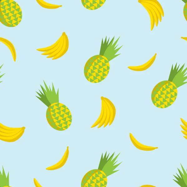 Vector summer seamless pattern with pineapples and bananas on the soft blue background. Flat illustration of tropic fruits. — Stock Vector