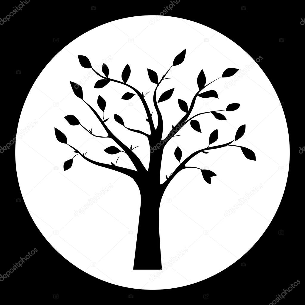 Black and white vector illustration of tree silhouette in the round frame