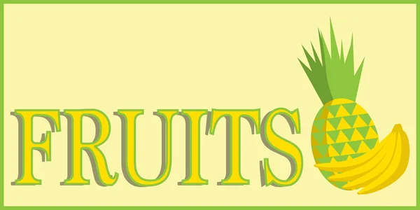 Papan merek buah atau spanduk. Vektor ilustrasi pisang dan nanas dengan teks di latar belakang kuning . - Stok Vektor
