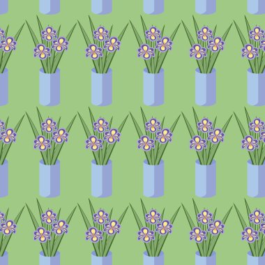 Vector seamless pattern with bouquets of iris flowers in blue vase on the green background. Vintage texture. Botanical backdrop.