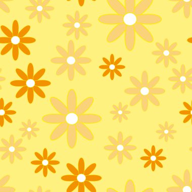 Vector seamless patter with plane flowers. Background with simple camomiles on the soft yellow background.