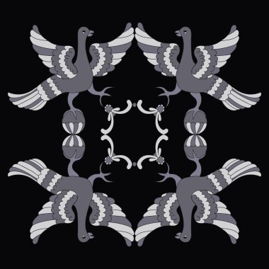 Ornamental vector illustration of mythological birds. Gray birds on the black background. Monochrome style. Folkloric motive. Fairy tales, stories, myths and legends decoration.