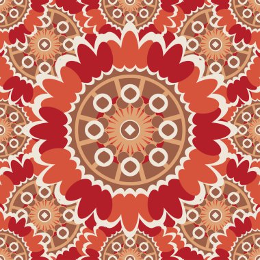 Bright abstract seamless pattern with round ornamental elements. Vector pink background.