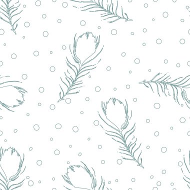 Seamless abstract pattern with peacock feathers and dots. Vintage white background. Vector light backdrop. Hand-drawn texture.