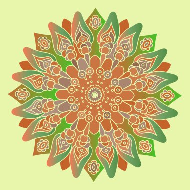 Green and brown mandala on the soft yellow background. Isolated round element. Vector illustration.