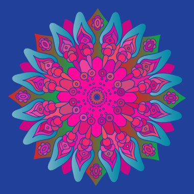 Bright pink mandala on the blue background. Isolated round element. Vector illustration.