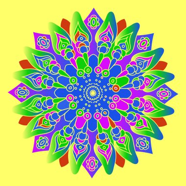 Bright colorful mandala on the yellow background. Isolated round element. Vector illustration.