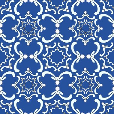 Ornamental seamless pattern. Vintage template. White curve elements on the blue background. Filigree texture.