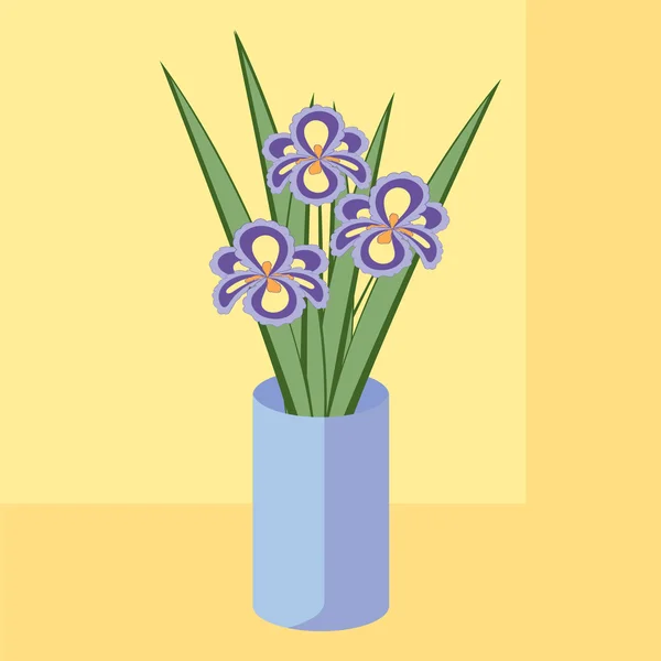 Ilustração vetorial de buquê de flores de íris. Cartão de flores abstratas roxas com folhas em vaso azul . —  Vetores de Stock