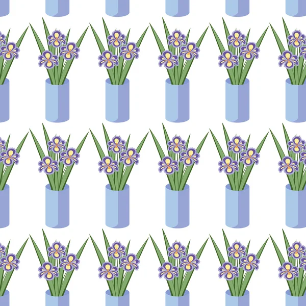 Vector seamless pattern with bouquets of iris flowers in blue vase on the white background. Vintage texture. Light botanical backdrop.