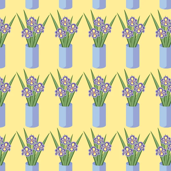 Vector seamless pattern with bouquets of iris flowers in blue vase on the soft yellow background. Vintage texture. Light botanical backdrop. — ストックベクタ