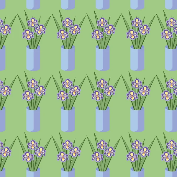 Model fără sudură vectorială cu buchete de flori de irisuri în vază albastră pe fundalul verde. Textura vintage. Fundal botanic . — Vector de stoc