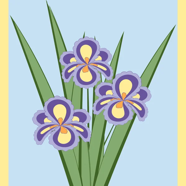 Ilustración vectorial de ramo de flores de iris. Tarjeta de flores abstractas púrpuras con hojas sobre el fondo azul claro . — Vector de stock