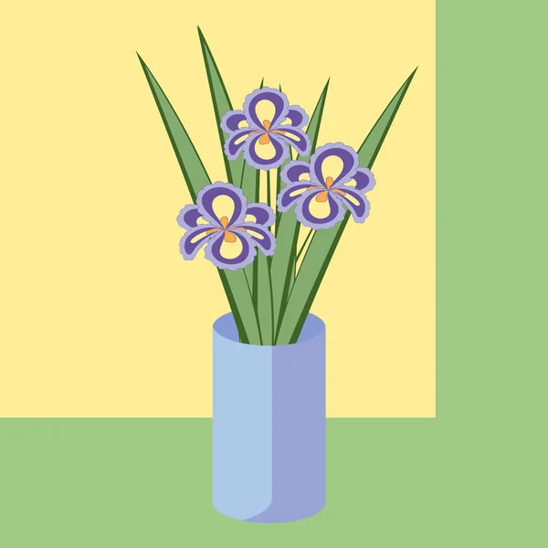 Ilustração vetorial de buquê de flores de íris. Cartão de flores abstratas roxas com folhas em vaso azul . —  Vetores de Stock