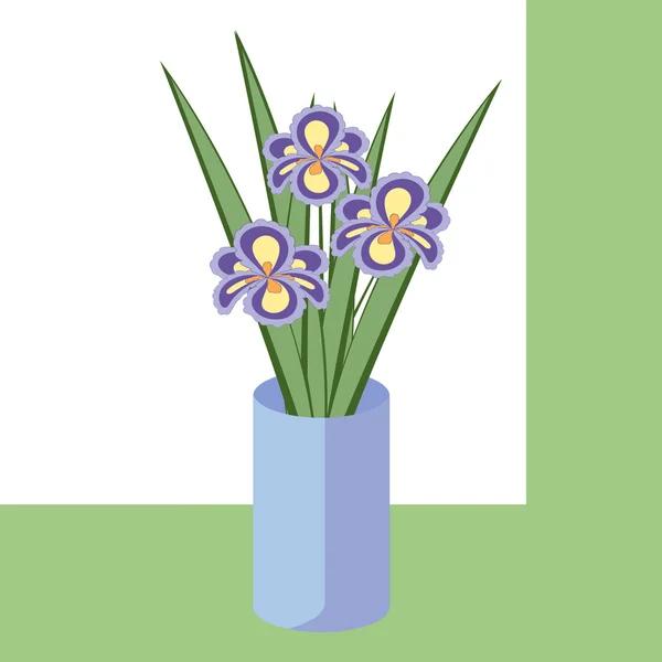 Ilustración vectorial de ramo de flores de iris. Tarjeta de flores abstractas púrpuras con hojas en jarrón azul . — Vector de stock