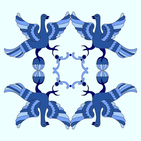 Ornamental vector illustration of mythological birds. Blue template. Gzhel style. Folkloric motive. Fairy tales, stories, myths and legends decoration. — Stock Vector
